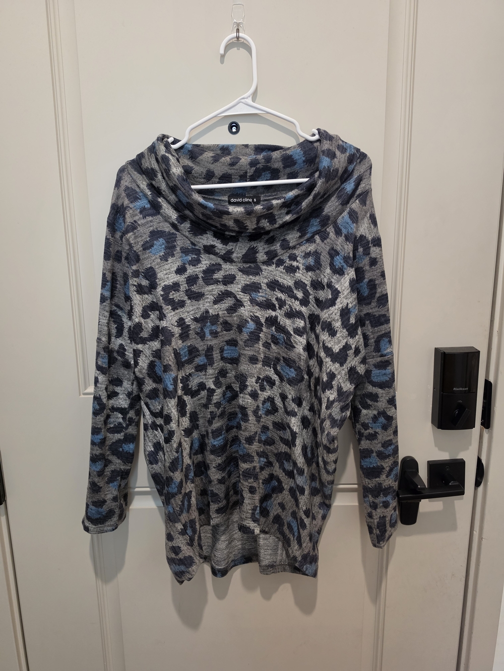 David Cline Blue and Gray Leopard-Print Cowl Neck Sweater